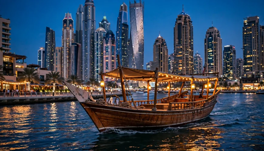 Traditional wooden dhow boat lit with warm lights sailing on Dubai Marina at dusk with the illuminated skyline behind