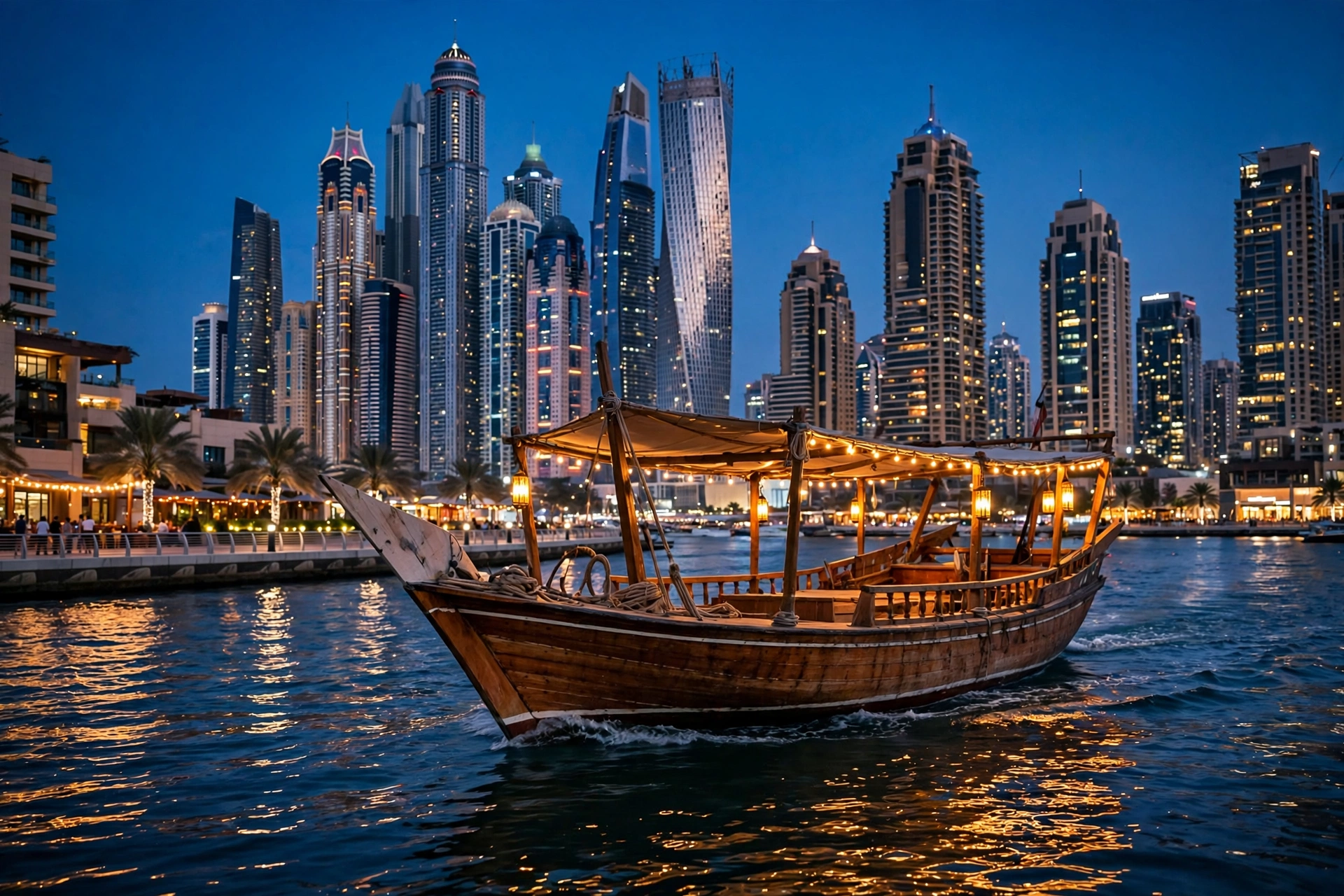 Traditional wooden dhow boat lit with warm lights sailing on Dubai Marina at dusk with the illuminated skyline behind