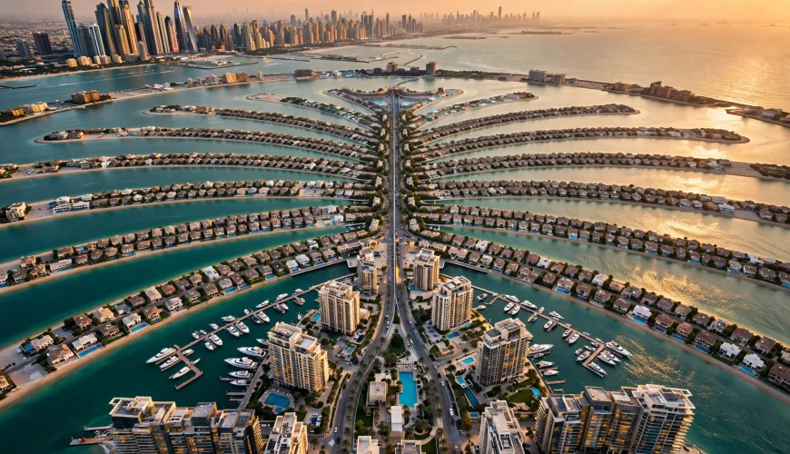 Aerial view of luxury villas and residences on Palm Jumeirah, Dubai at golden hour, with the Marina skyline in the distance