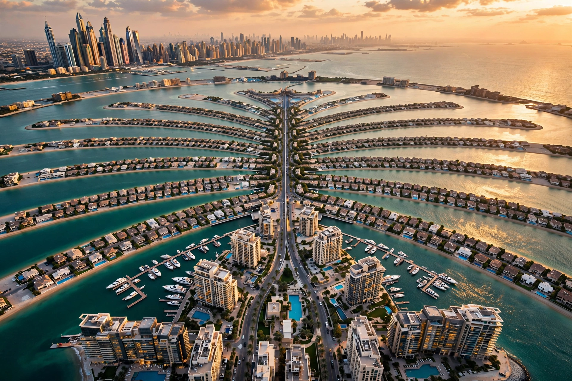 Aerial view of luxury villas and residences on Palm Jumeirah, Dubai at golden hour, with the Marina skyline in the distance