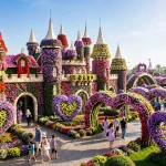 Giant floral castle sculpture covered in colourful flowers at Dubai Miracle Garden Season 15
