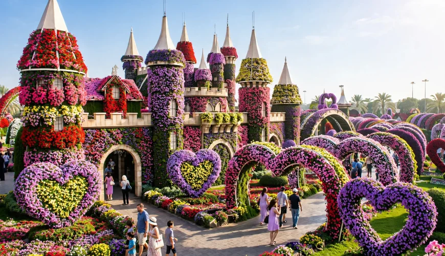 Giant floral castle sculpture covered in colourful flowers at Dubai Miracle Garden Season 15