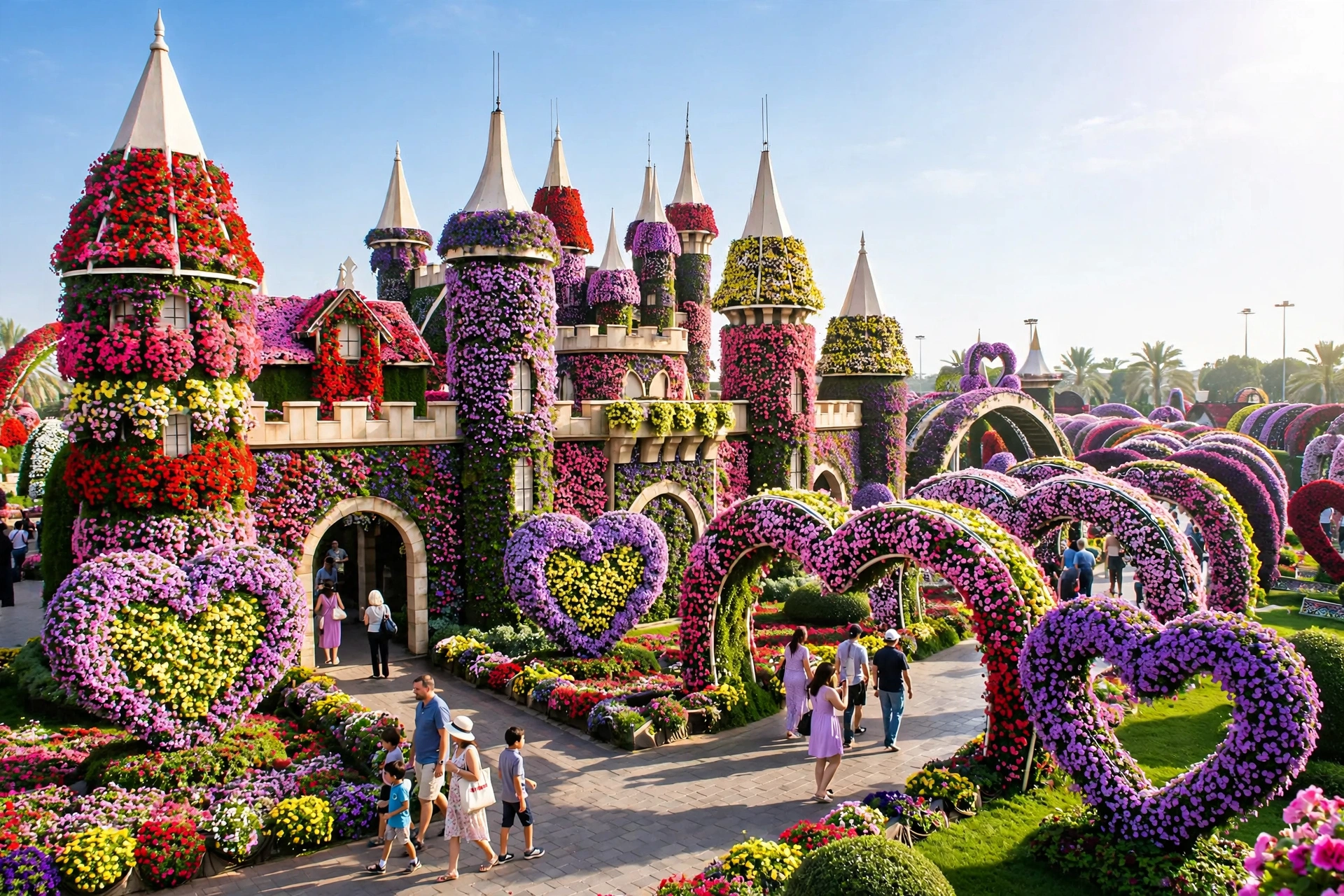 Giant floral castle sculpture covered in colourful flowers at Dubai Miracle Garden Season 15
