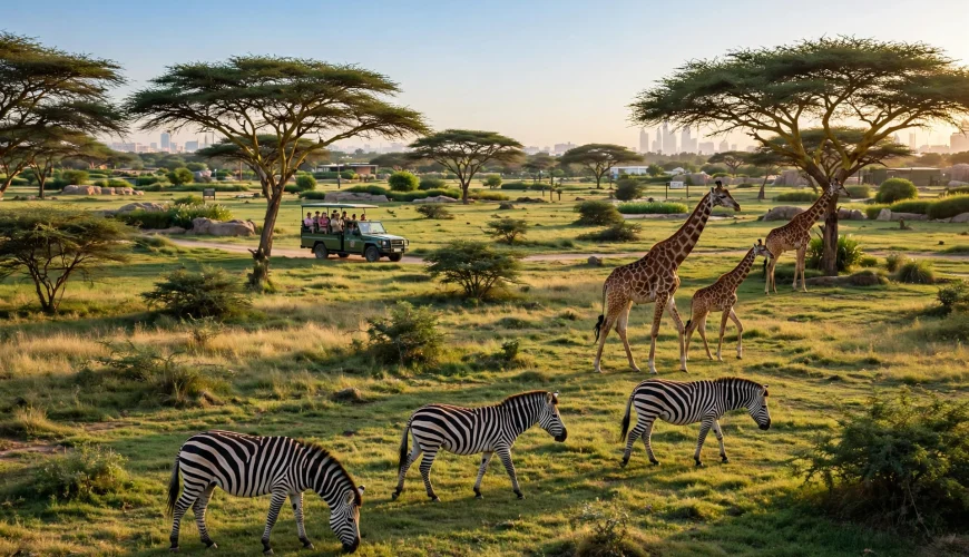 Giraffes and zebras on the savanna at Dubai Safari Park Season 8