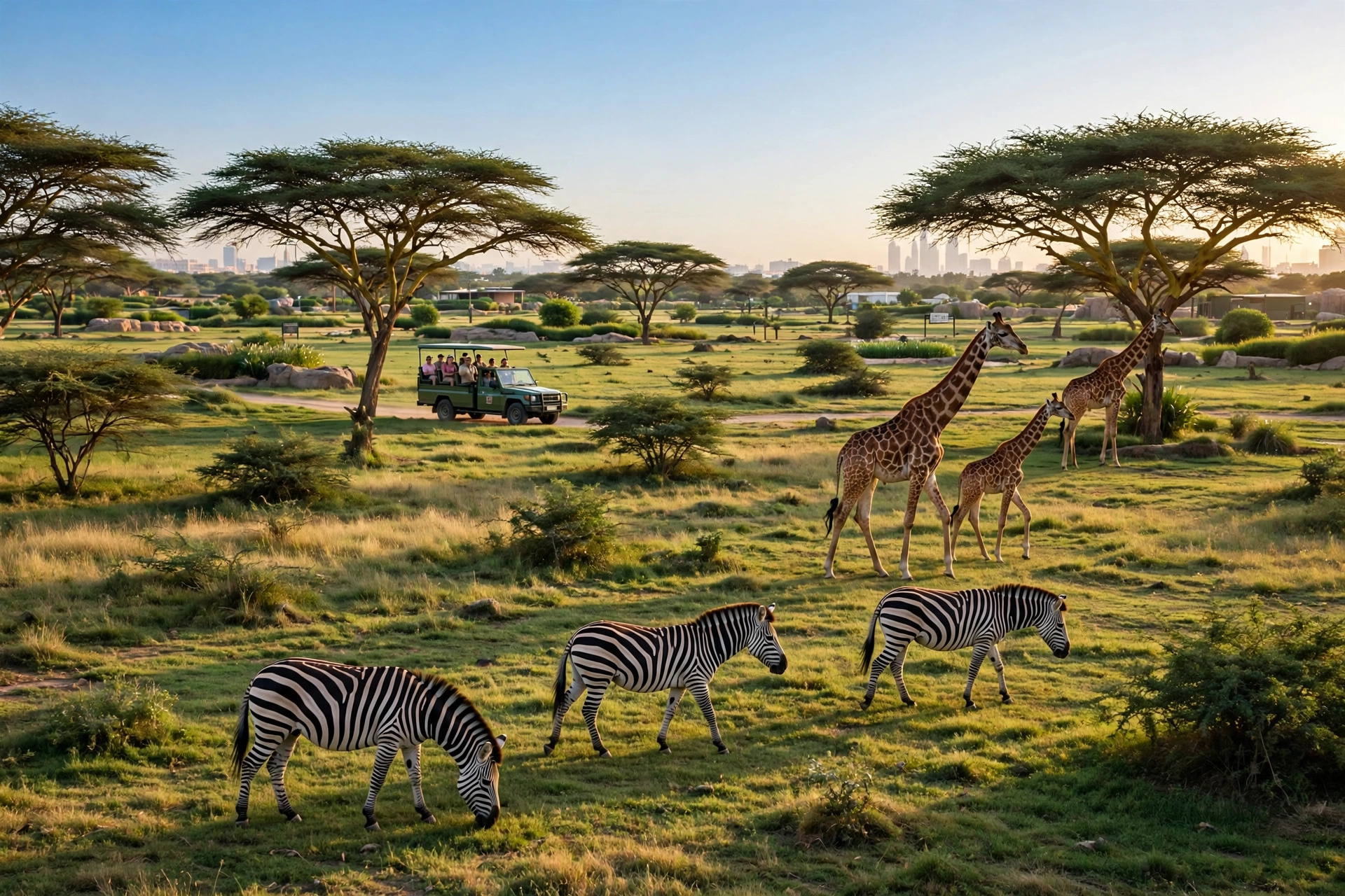Giraffes and zebras on the savanna at Dubai Safari Park Season 8