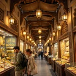 Inside the Dubai Gold Souk with shop windows glittering with gold jewelry displays under warm lantern light