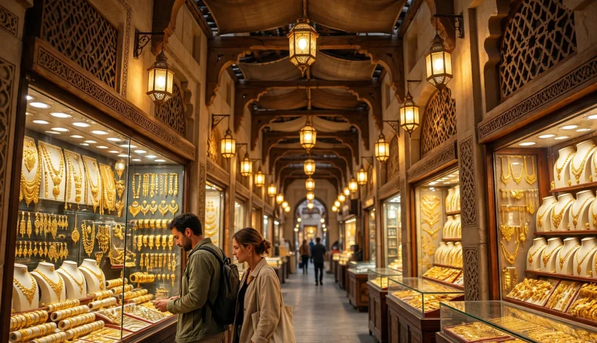 Inside the Dubai Gold Souk with shop windows glittering with gold jewelry displays under warm lantern light