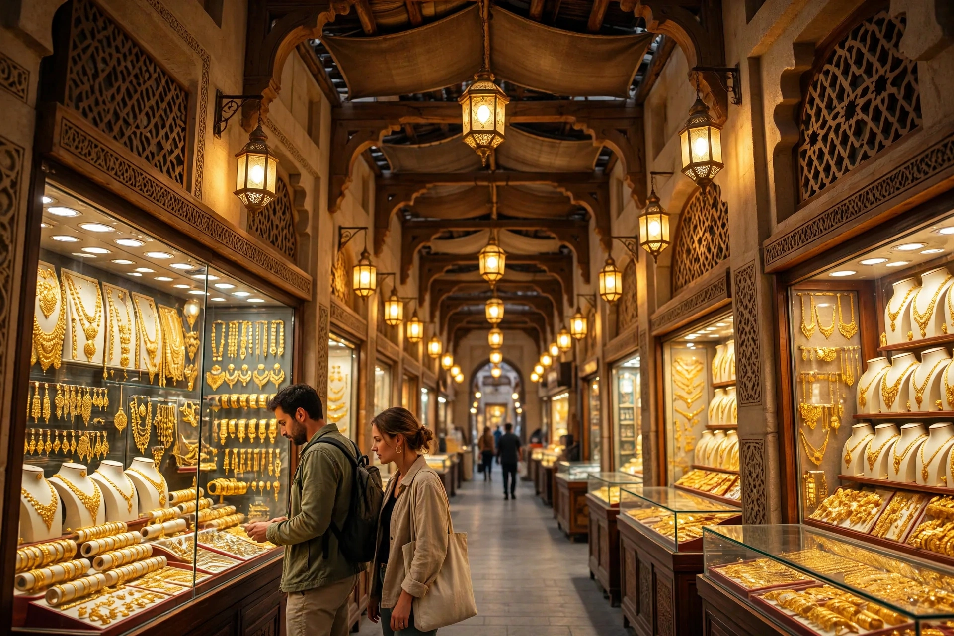 Inside the Dubai Gold Souk with shop windows glittering with gold jewelry displays under warm lantern light