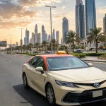 Cream-colored RTA Dubai taxi driving through Dubai at golden hour