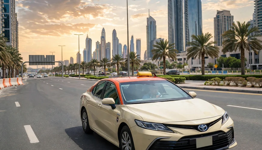 Cream-colored RTA Dubai taxi driving through Dubai at golden hour