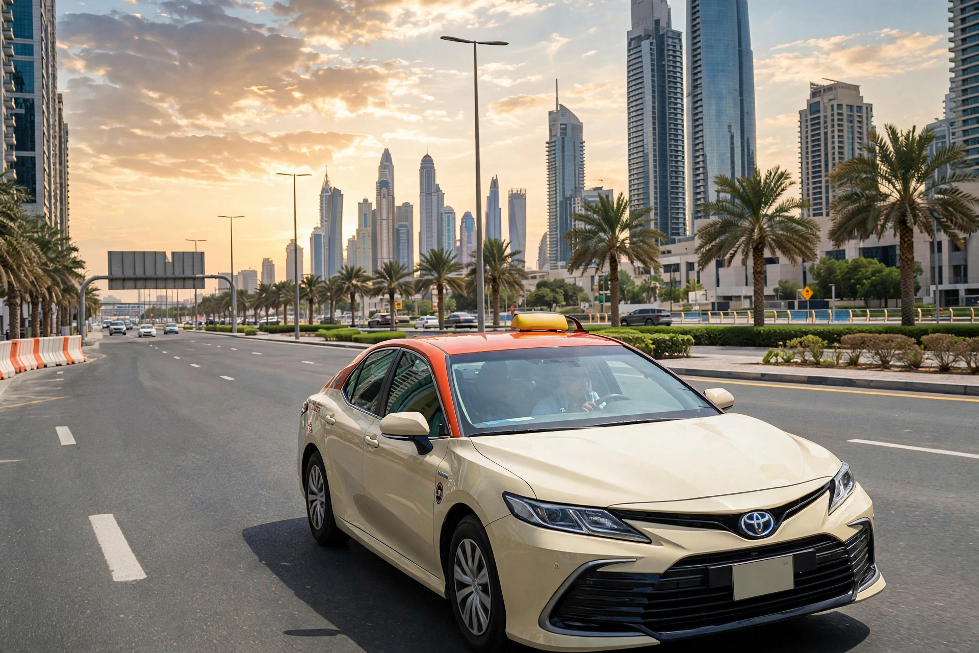Cream-colored RTA Dubai taxi driving through Dubai at golden hour