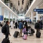 Travelers at Dubai International Airport arrivals hall — Dubai tourist visa guide 2026