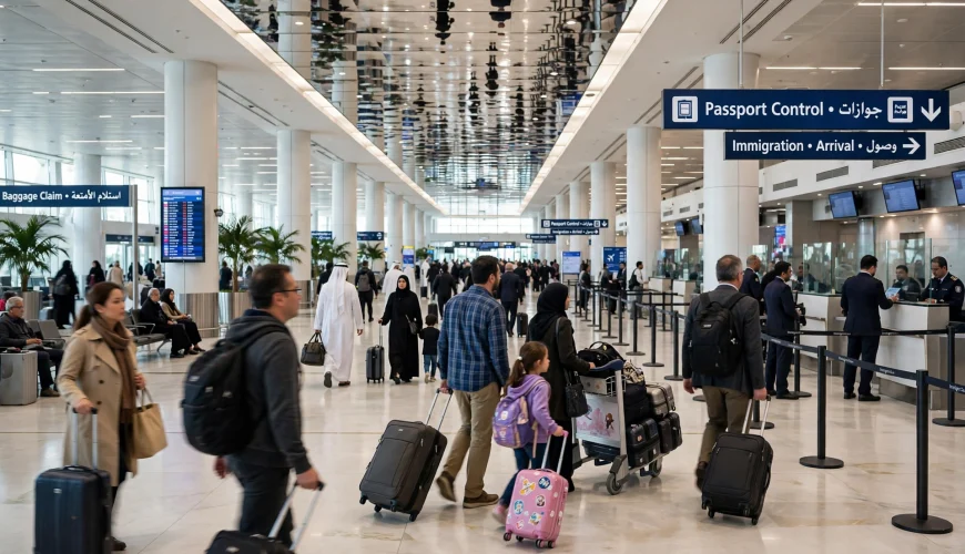 Travelers at Dubai International Airport arrivals hall — Dubai tourist visa guide 2026