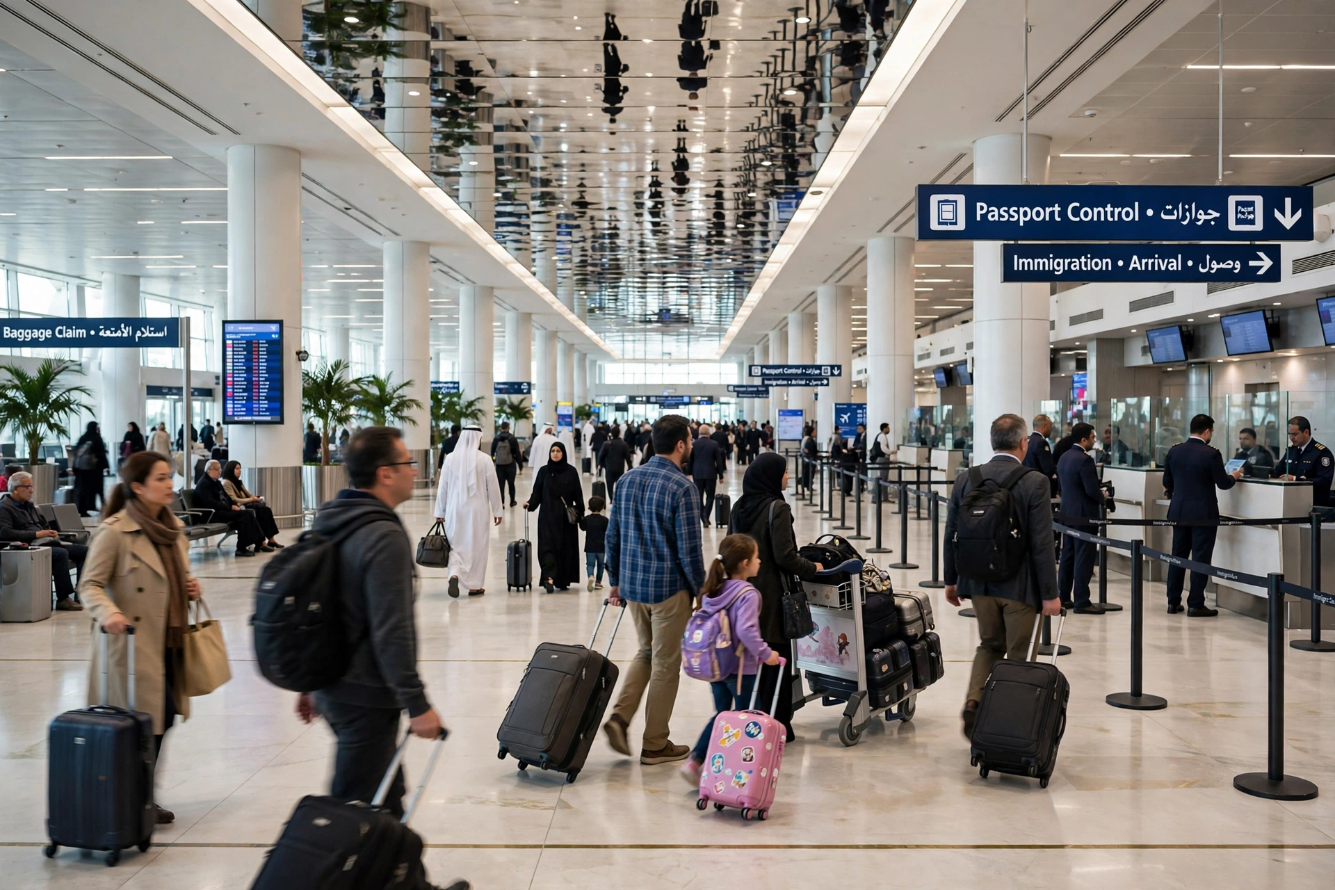 Travelers at Dubai International Airport arrivals hall — Dubai tourist visa guide 2026