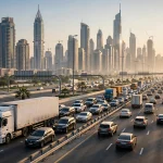 Heavy trucks on a multi-lane Dubai highway during peak-hour traffic with skyscrapers in the background