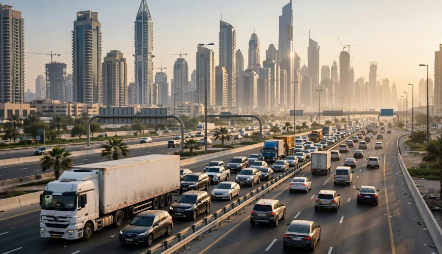Heavy trucks on a multi-lane Dubai highway during peak-hour traffic with skyscrapers in the background
