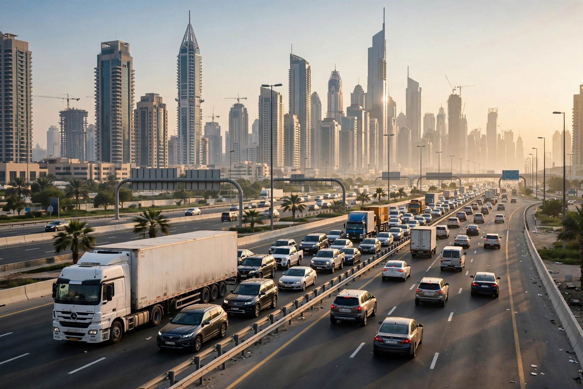 Heavy trucks on a multi-lane Dubai highway during peak-hour traffic with skyscrapers in the background