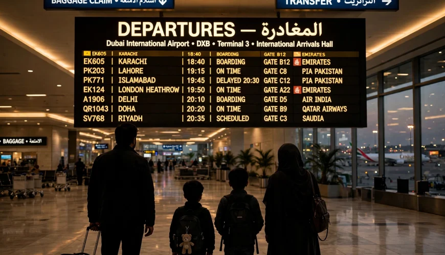 Pakistani family travelers at a Dubai airport departures board, September 2026 Dubai visit visa update