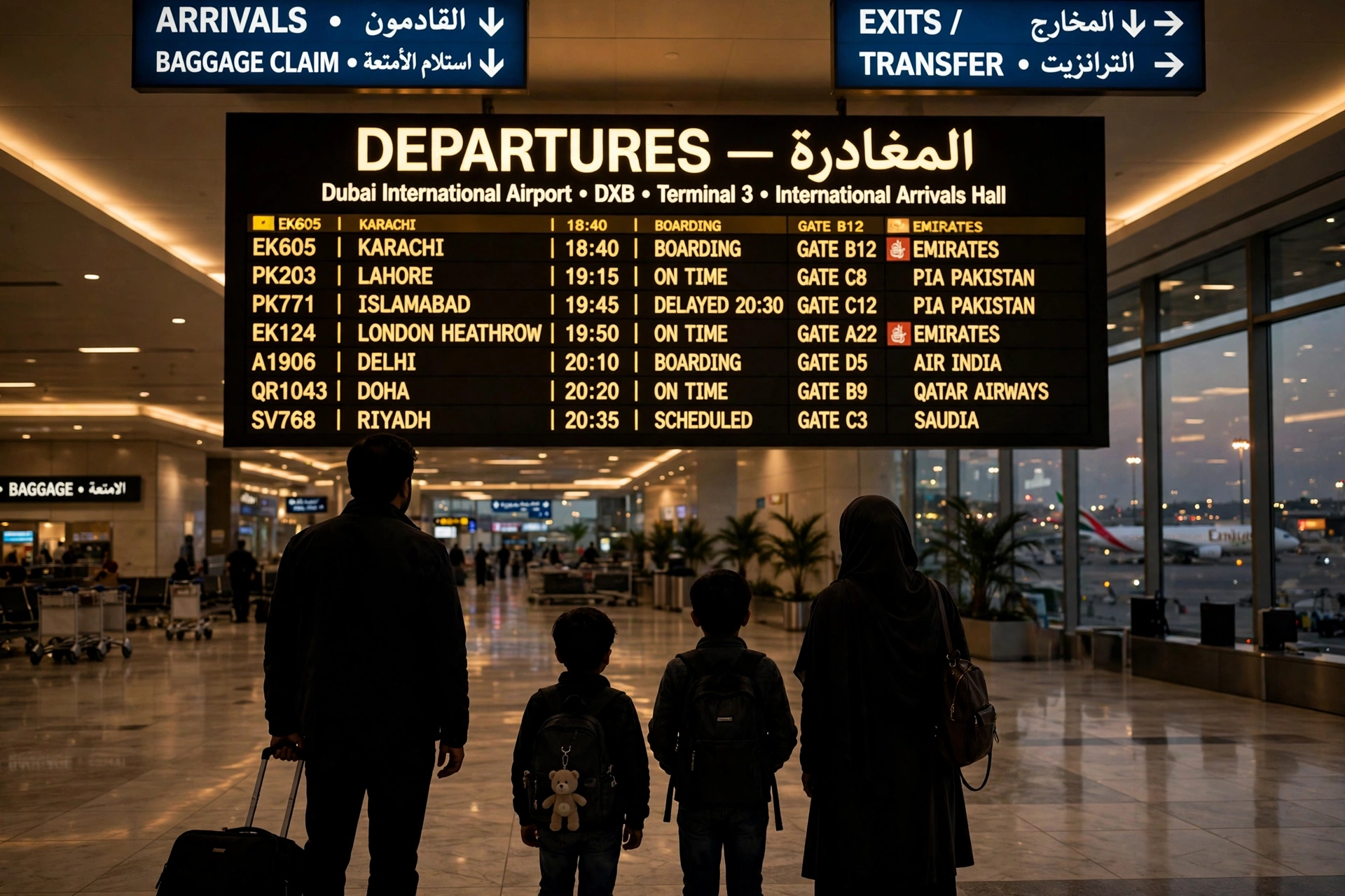 Pakistani family travelers at a Dubai airport departures board, September 2026 Dubai visit visa update