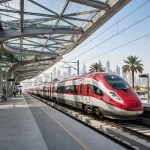 Etihad Rail passenger train arriving at the new Dubai station platform at Al Yalayis in Jebel Ali