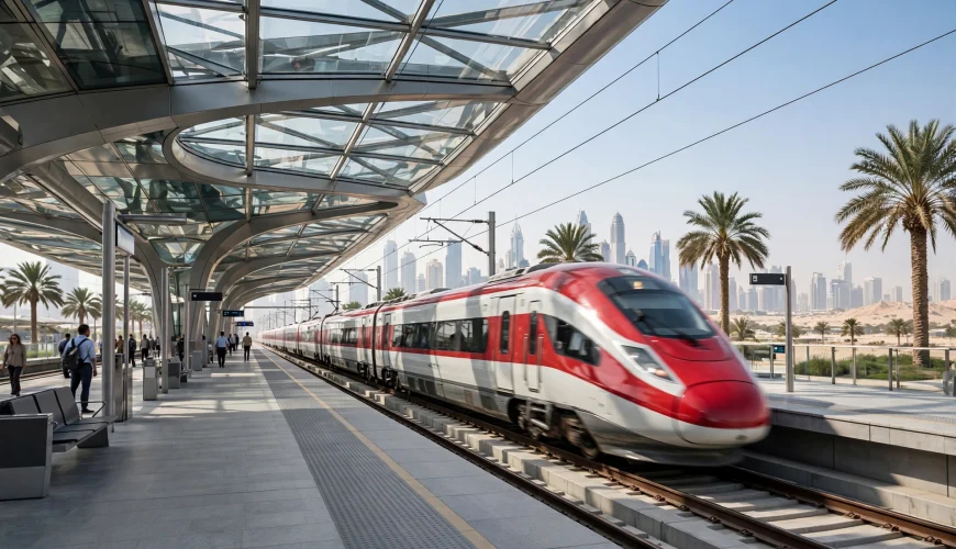 Etihad Rail passenger train arriving at the new Dubai station platform at Al Yalayis in Jebel Ali