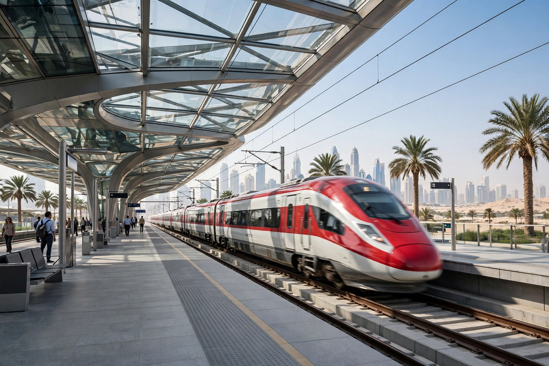 Etihad Rail passenger train arriving at the new Dubai station platform at Al Yalayis in Jebel Ali