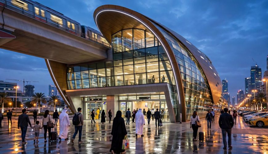 Dubai Metro Red Line station with new Garmin Metro Station branding at dusk