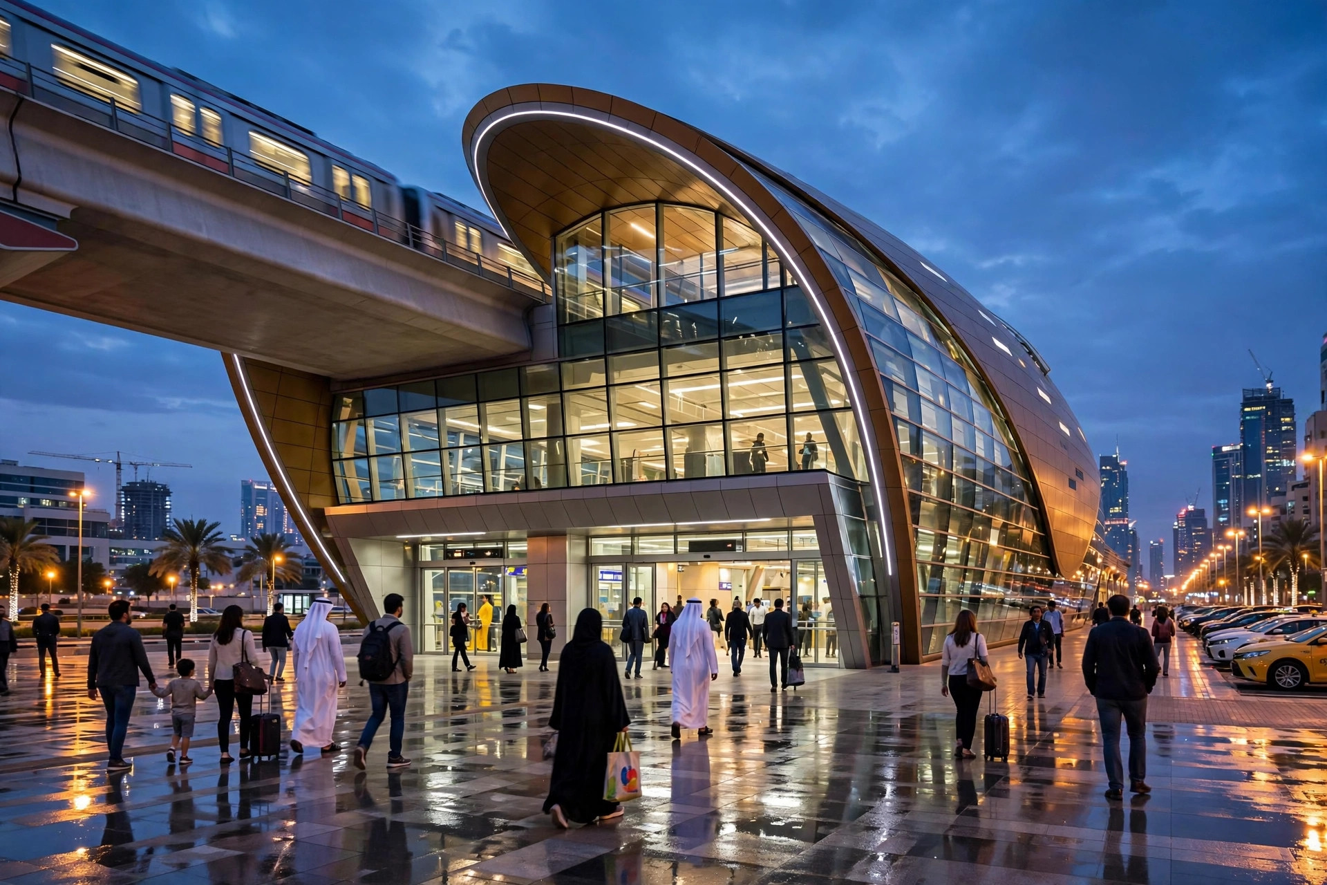 Dubai Metro Red Line station with new Garmin Metro Station branding at dusk