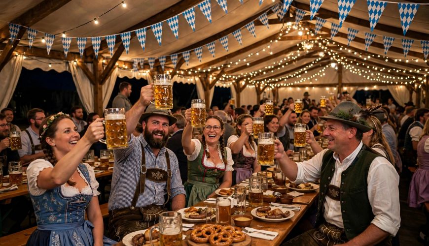 People in dirndls and lederhosen raising beer steins inside a Bavarian Oktoberfest tent
