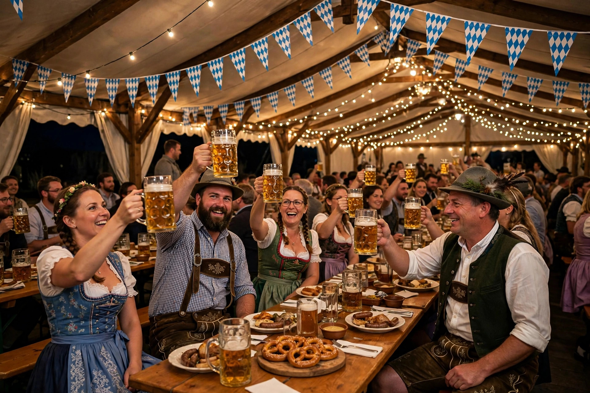 People in dirndls and lederhosen raising beer steins inside a Bavarian Oktoberfest tent