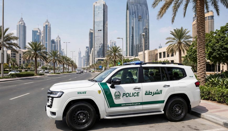Dubai Police patrol car parked on a city street with high-rise buildings behind