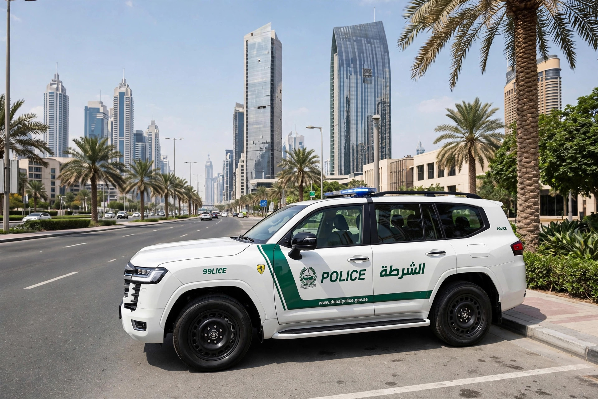 Dubai Police patrol car parked on a city street with high-rise buildings behind