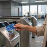 Commuter tapping a nol card on a reader at a Dubai Metro station gate
