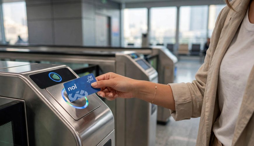 Commuter tapping a nol card on a reader at a Dubai Metro station gate