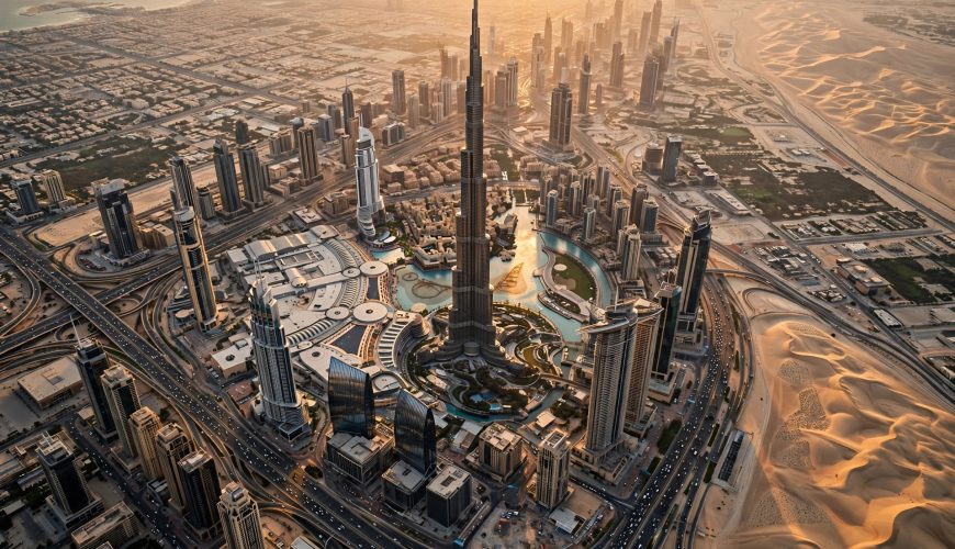 Aerial view of the Dubai skyline with the Burj Khalifa at golden hour