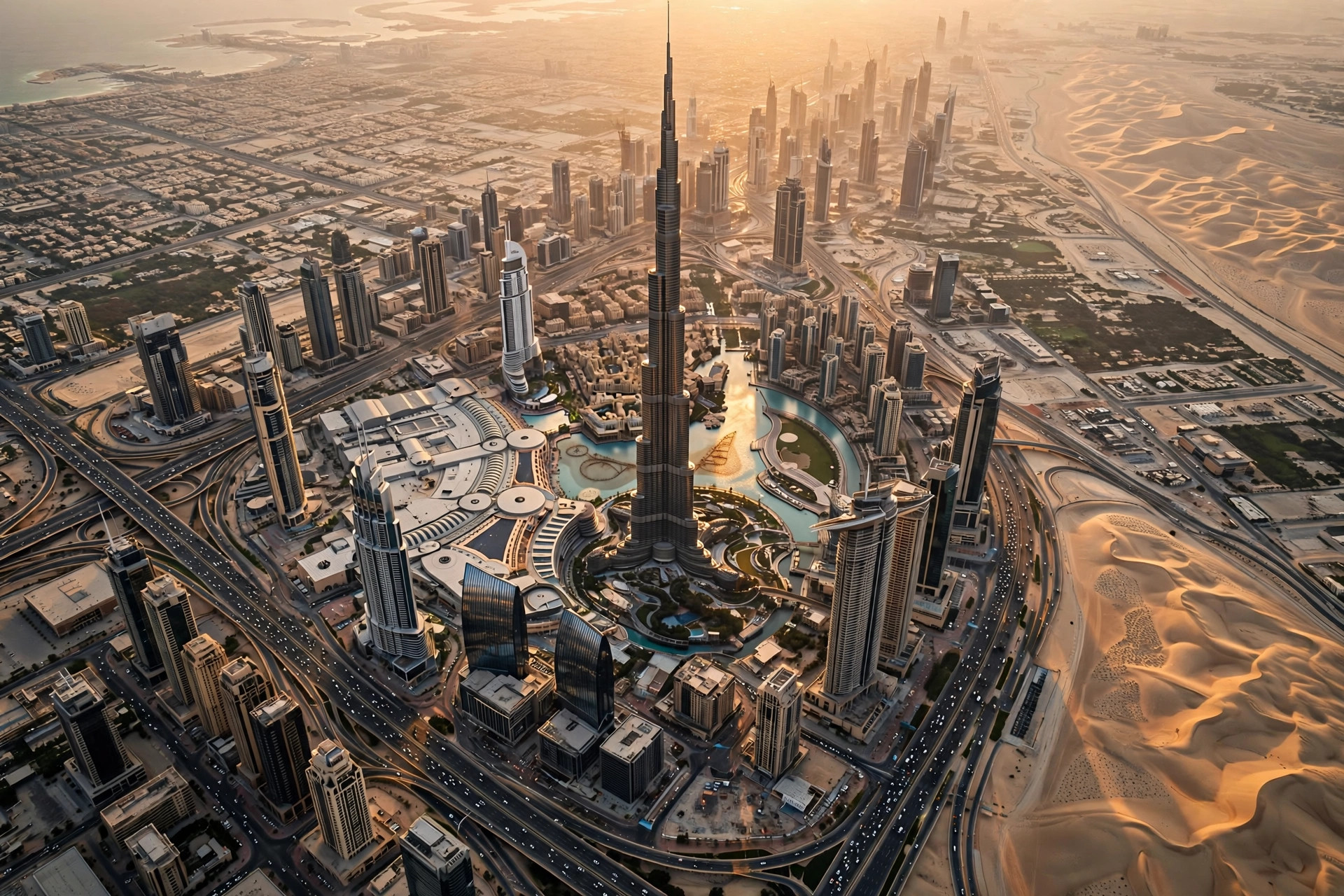 Aerial view of the Dubai skyline with the Burj Khalifa at golden hour
