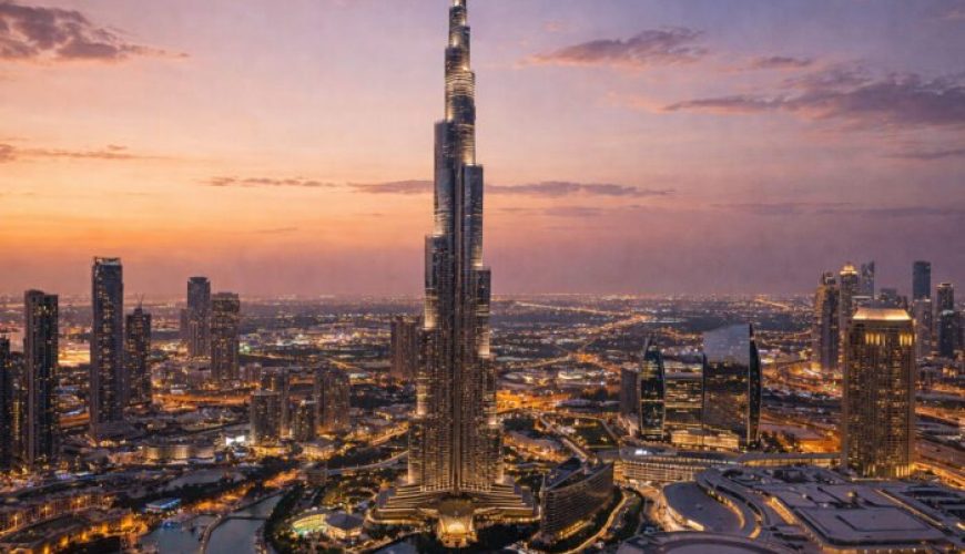 Burj Khalifa rising above Downtown Dubai at dusk