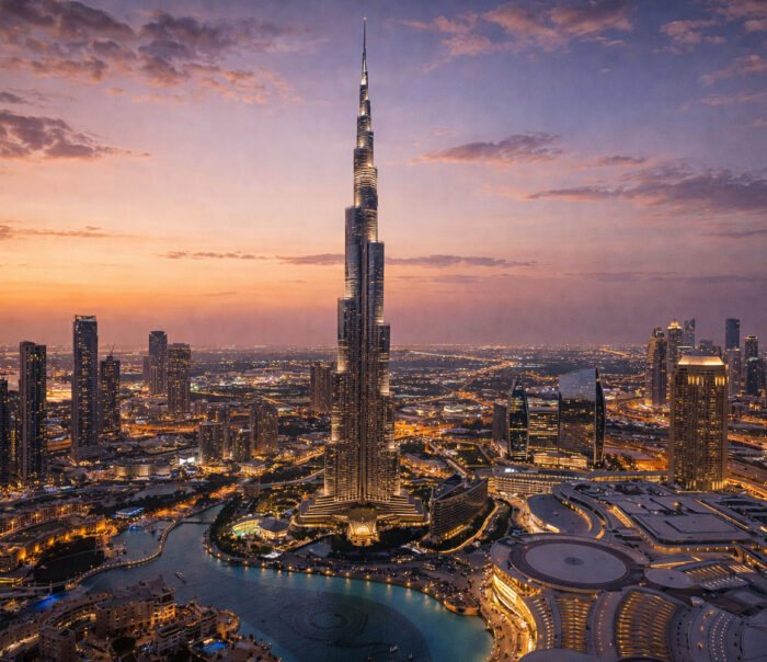 Burj Khalifa rising above Downtown Dubai at dusk