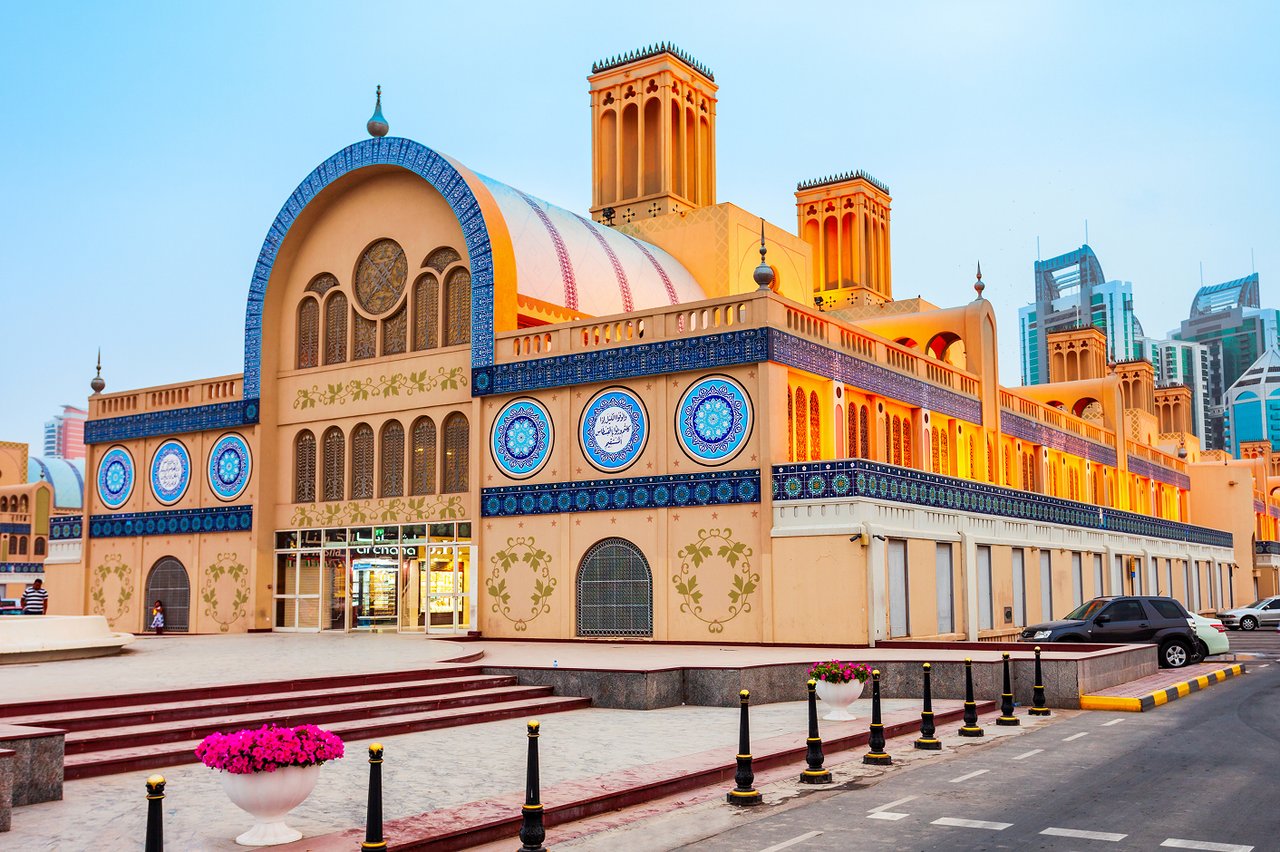 The Blue Souk (Central Market) in Sharjah with its blue tilework and wind towers