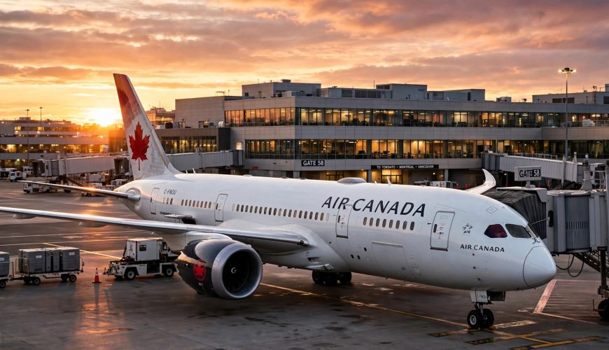 Air Canada aircraft at an airport gate, illustrating the extended suspension of the airline's Dubai flights