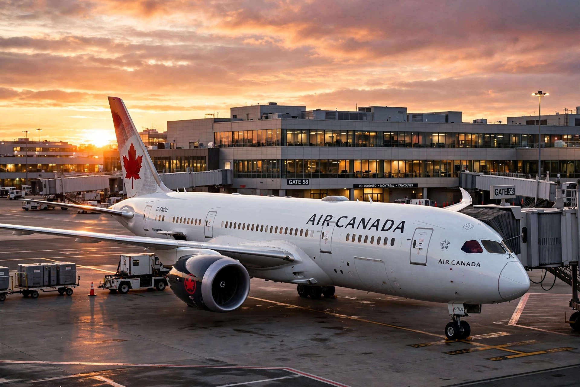 Air Canada aircraft at an airport gate, illustrating the extended suspension of the airline's Dubai flights