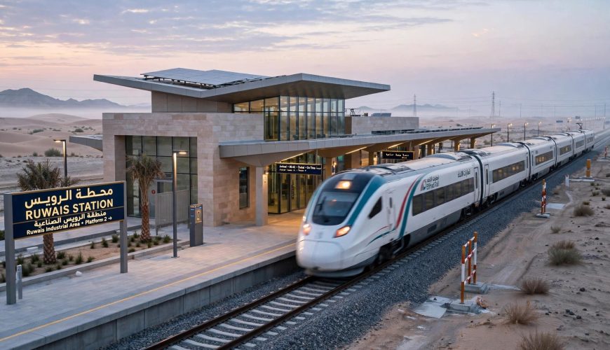 Etihad Rail passenger train approaching Al Yalayis station in Dubai at dawn