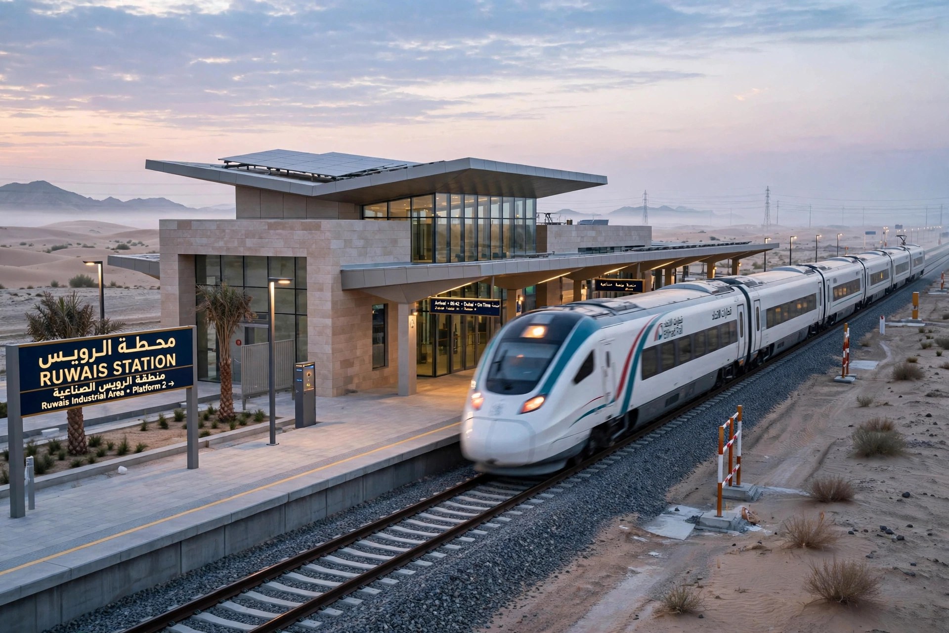 Etihad Rail passenger train approaching Al Yalayis station in Dubai at dawn