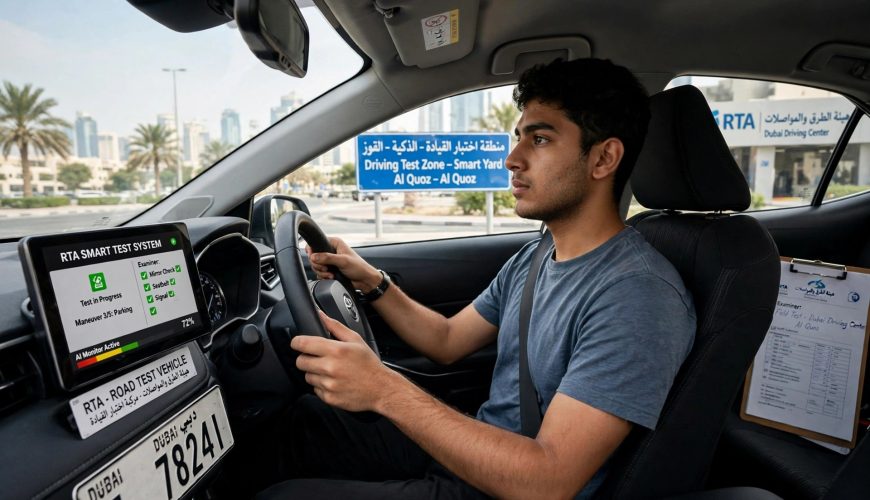 Driver taking a road test in Dubai under the RTA's new AI Smart Test System