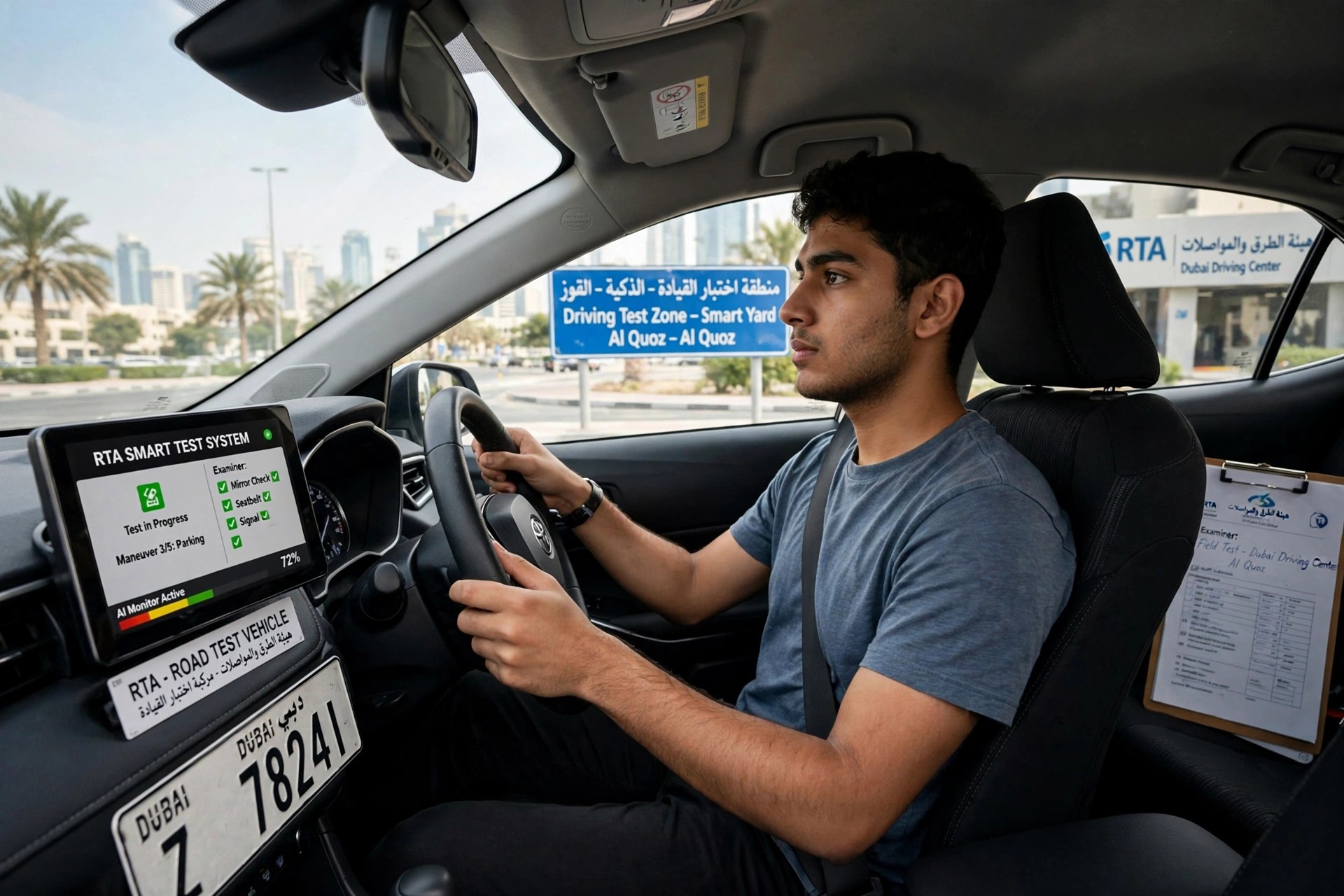 Driver taking a road test in Dubai under the RTA's new AI Smart Test System