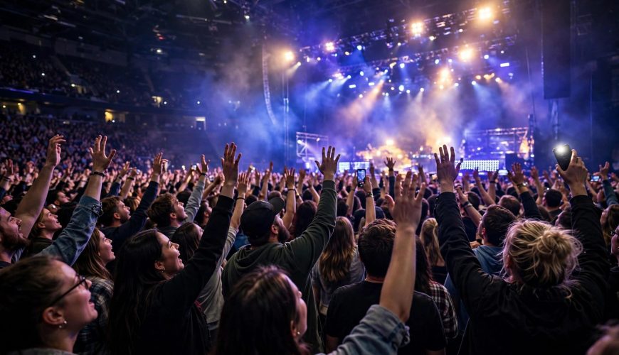 Concert crowd at a Dubai arena show with stage lights and raised hands