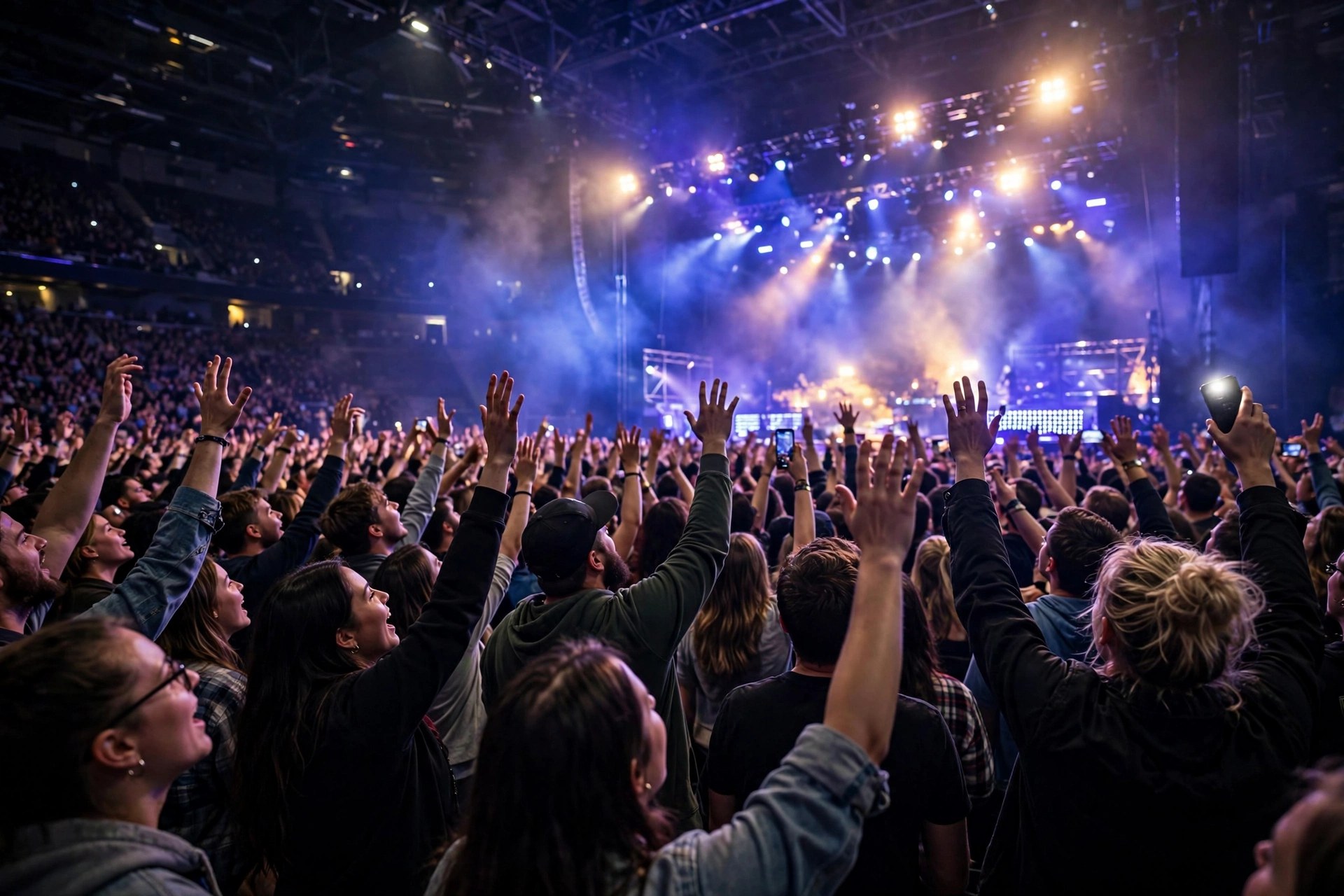 Concert crowd at a Dubai arena show with stage lights and raised hands