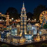 MINILAND at LEGOLAND Dubai with the 17-metre LEGO Burj Khalifa lit up at night