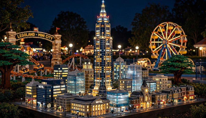 MINILAND at LEGOLAND Dubai with the 17-metre LEGO Burj Khalifa lit up at night