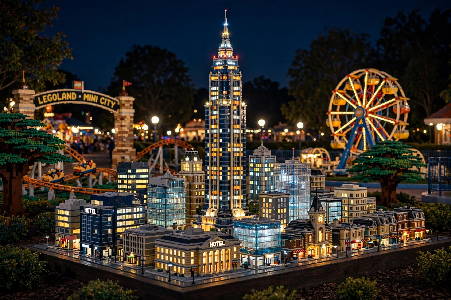 MINILAND at LEGOLAND Dubai with the 17-metre LEGO Burj Khalifa lit up at night